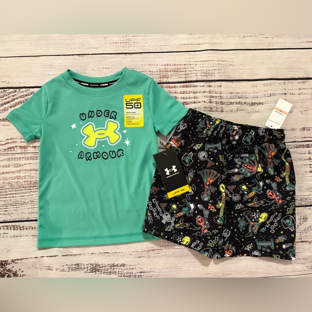 NWT Under Armour Swim Set Trunks & Rashguard Green Black 2T 3T